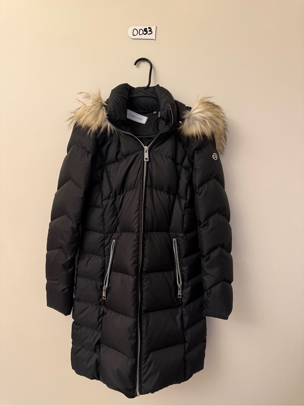Calvin Klein Black Long Puffer Coat with Faux Fur Trimmed Hood